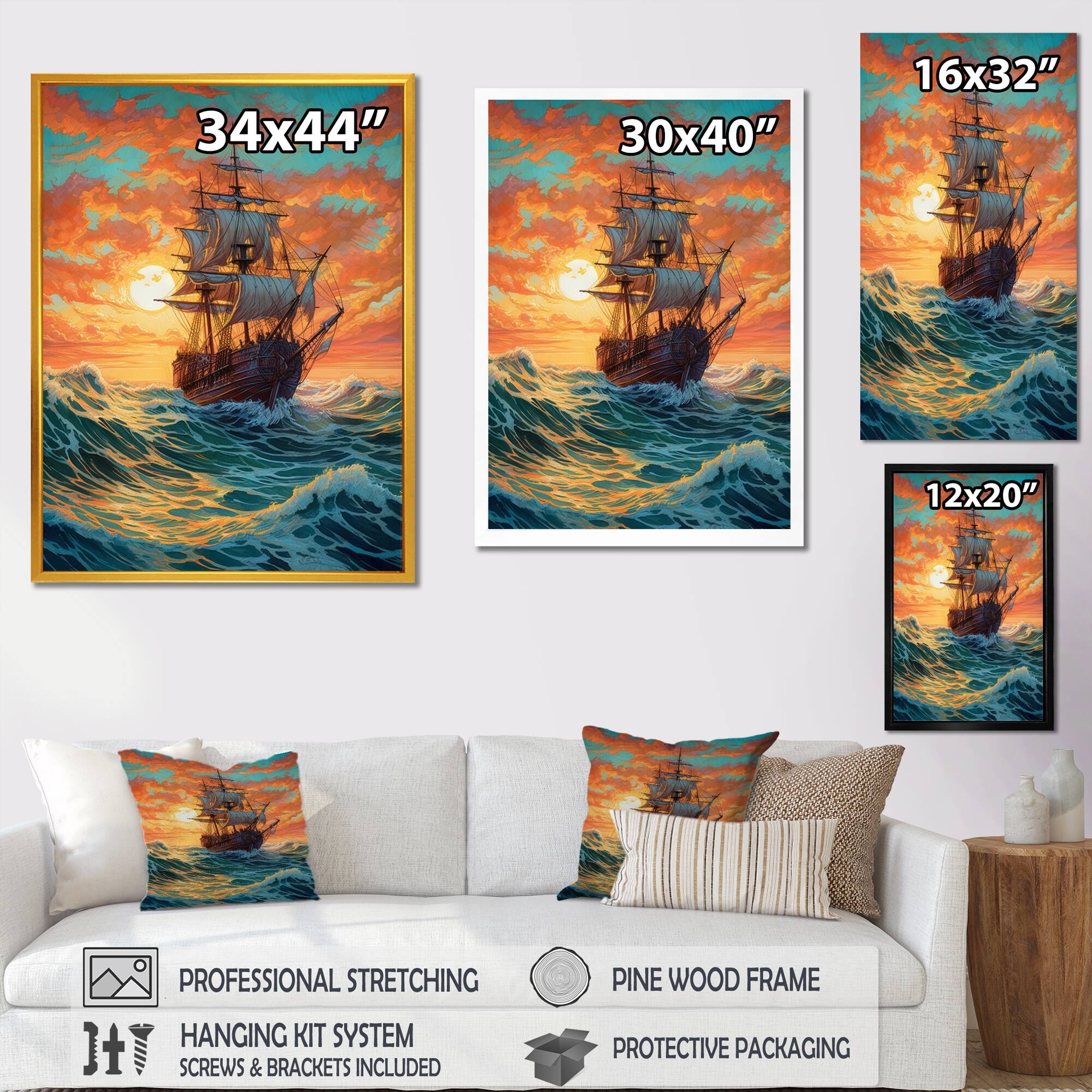 Designart "Brown Ship On The Seas I" Modern Landscape Beach Framed Wall
